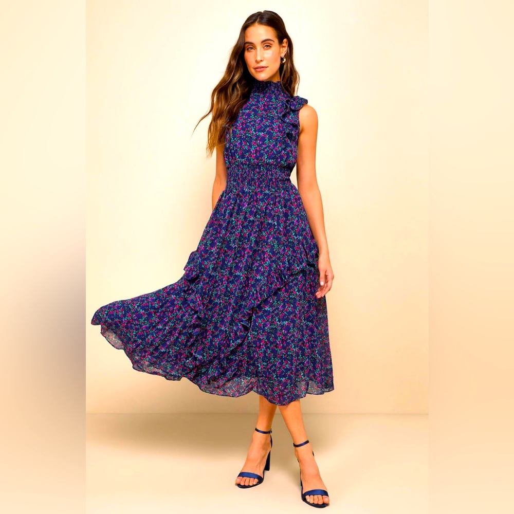 Lulu’s Evalina Navy Blue Floral Print Mock Neck Midi Dress Women’s XL
